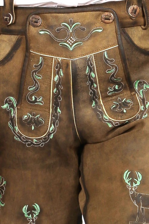 Mens Lederhosen Brown Green Deer Motifs - Image 3
