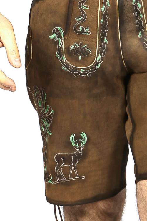Mens Lederhosen Brown Green Deer Motifs - Image 4