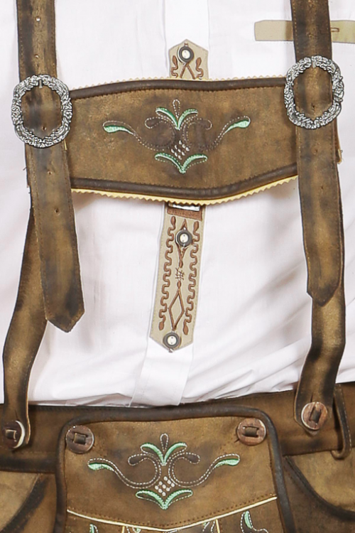 Mens Lederhosen Brown Green Deer Motifs - Image 5
