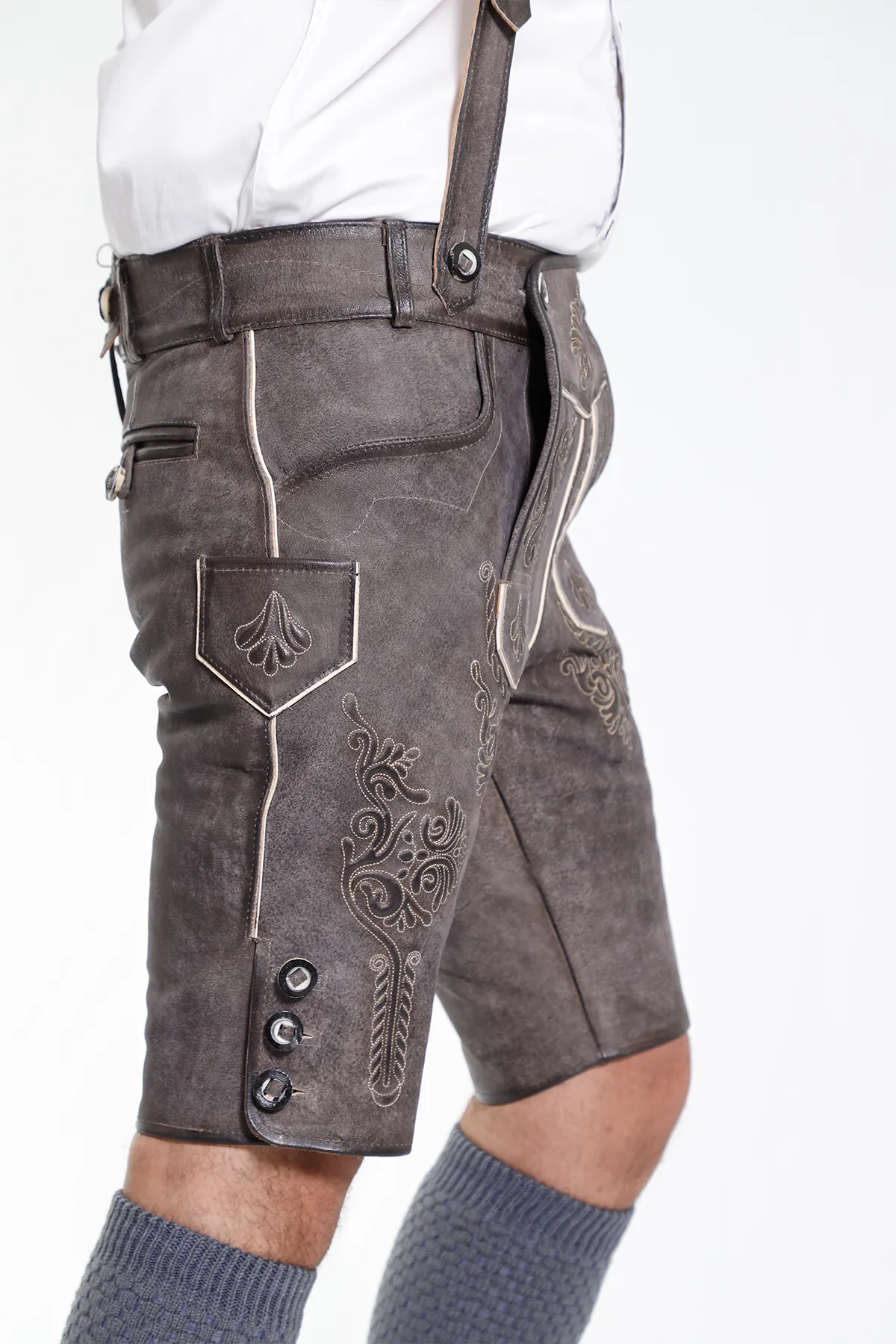 Brown Green Mens Lederhosen with Deer Motifs