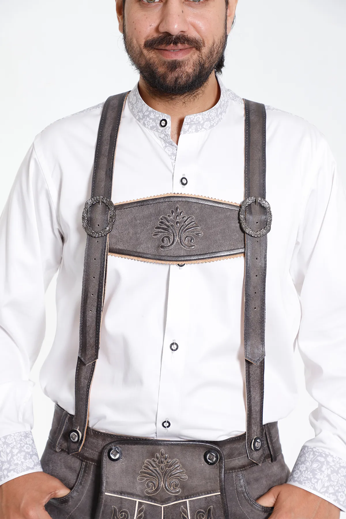 Brown Green Mens Lederhosen with Deer Motifs