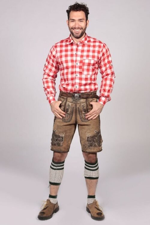 Dark red checkered Bavarian shirt for men