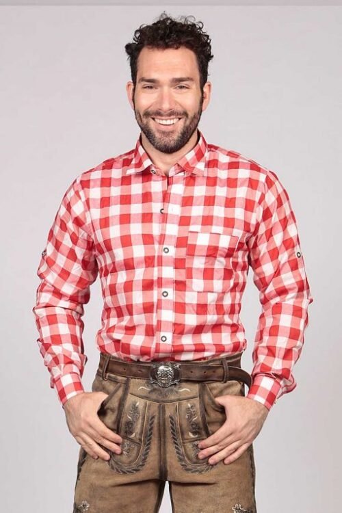 Dark red checkered Bavarian shirt for men