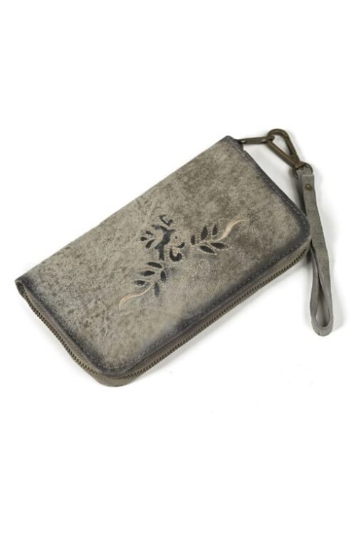 Embroidered Oktoberfest clutch in shaded gray with intricate details