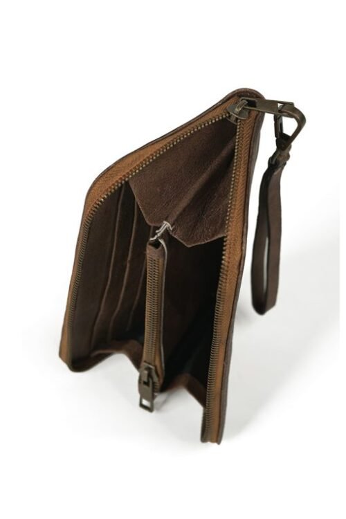 Forest brown women’s clutch with delicate white hand embroidery