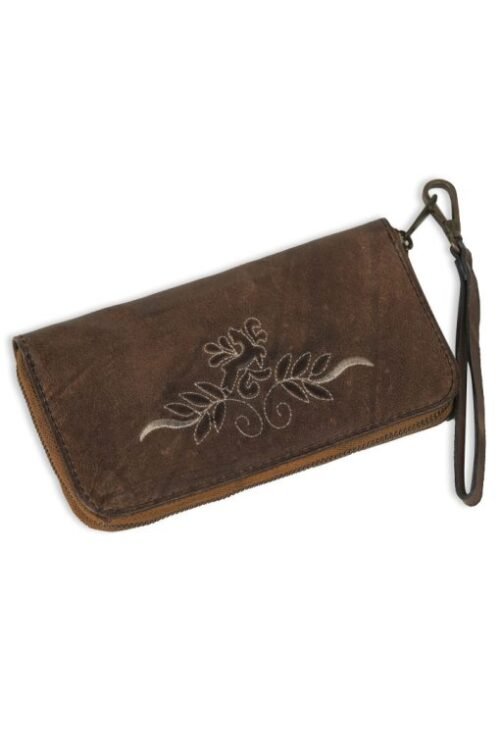 Forest brown women’s clutch with delicate white hand embroidery
