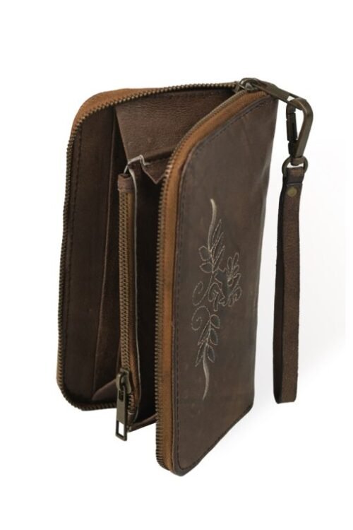 Forest brown women’s clutch with delicate white hand embroidery