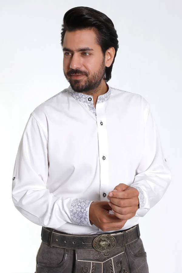 White Lederhosen shirt with floral collar and cuffs