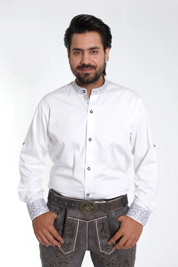 White Lederhosen shirt with floral collar and cuffs