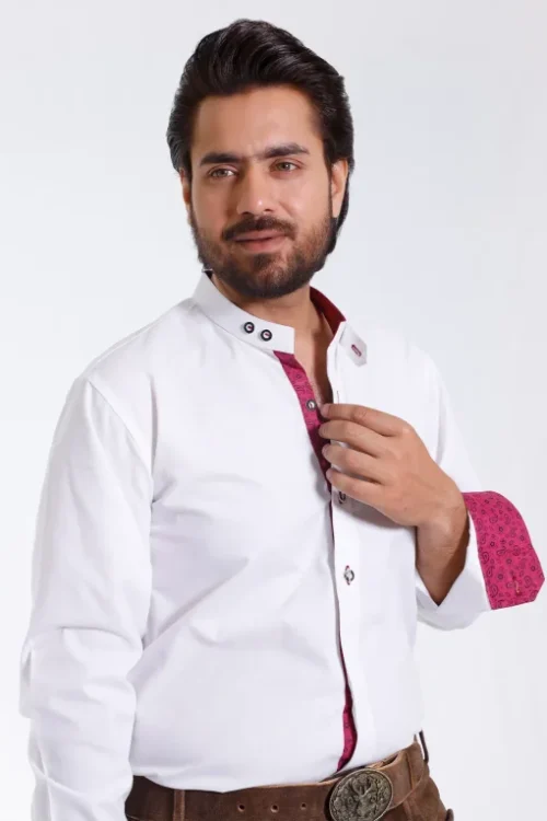 Alpine elegance white Lederhosen shirt with red accents