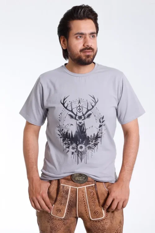 Ash Grey Mens Tee with Abstract Antler Deer Print - Image 2