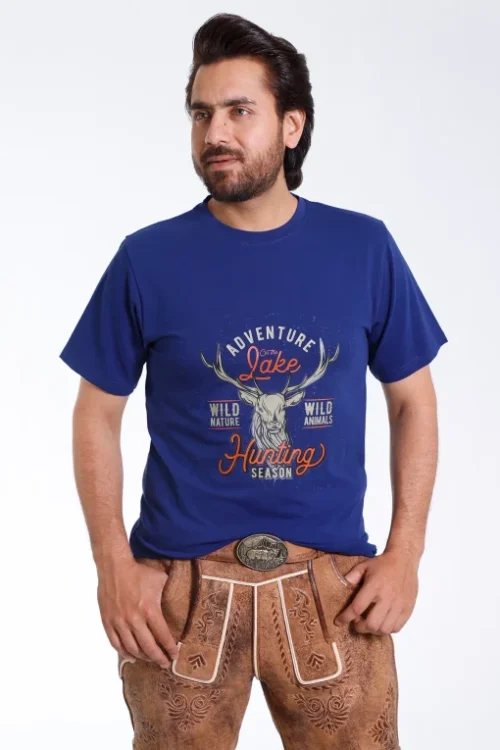 Alpine-style royal blue T-shirt featuring a stag graphic, offering a bold, festive look.