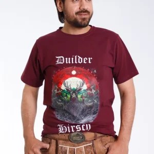 Maroon Bavarian T-shirt with stag and mountain graphic for men